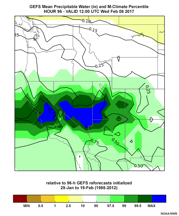 96-hr precipitable water forecast (inches) and climatological percentile from relative to 29 January to 19 February M-Climatology 1985-2012 M-Climate, from 12 UTC 4 February North American Ensemble Forecast System run.