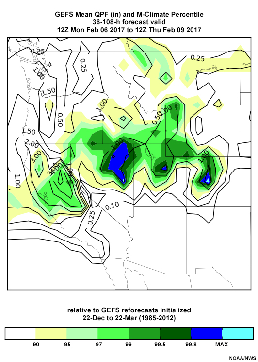 00 UTC 5 February Global Ensemble Forecast System 72-hour accumulated precipitation forecast (inches) valid 12 UTC Feb 9 2017, and percentile relative to 22 December to 22 March 1985-2012 GEFS-M climatology.