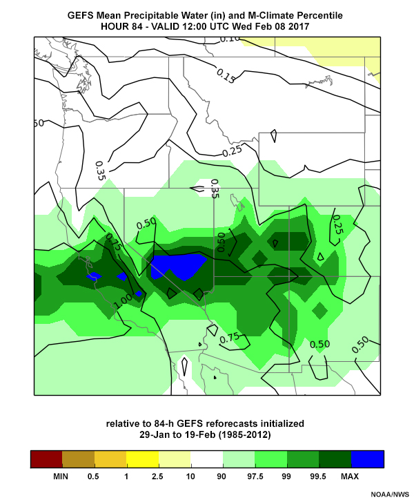84-hr precipitable water forecast (inches) and climatological percentile from relative to 29 January to 19 February M-Climatology, from 00 UTC 5 February North American Ensemble Forecast System run.