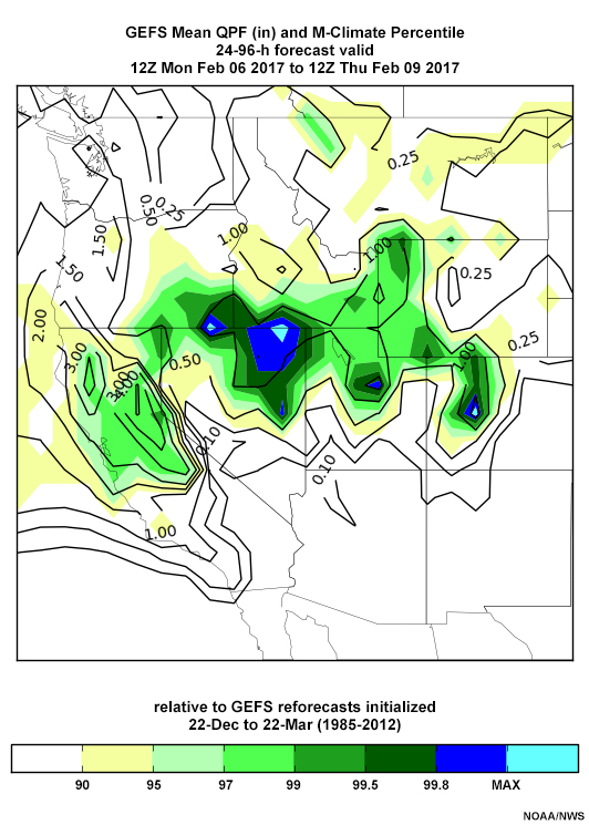 12 UTC 5 February Global Ensemble Forecast System 72-hour accumulated precipitation forecast (inches) valid 12 UTC Feb 9 2017, and percentile relative to 22 December to 22 March 1985-2012 model climatology.