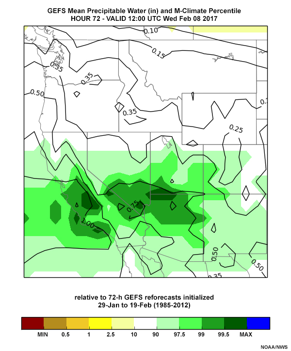 72-hr precipitable water forecast (inches) and climatological percentile from relative to 29 January to 19 February M-Climatology, from 12 UTC 5 February North American Ensemble Forecast System run.