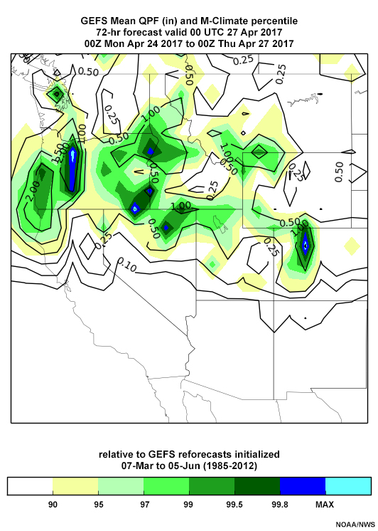 00 UTC 21 April 2017 Global Ensemble Forecast System 72-hour accumulated precipitation forecast (inches) valid 12 UTC Feb 9 2017, and percentile relative to GEFS reforecasts from 07 March to 05 June 1985 - 2012.