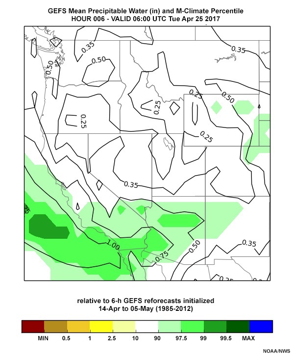 00 UTC 25 April 2017 six-hour forecast of precipitable water, with percentile ranking relative to model climate from 1985-2012