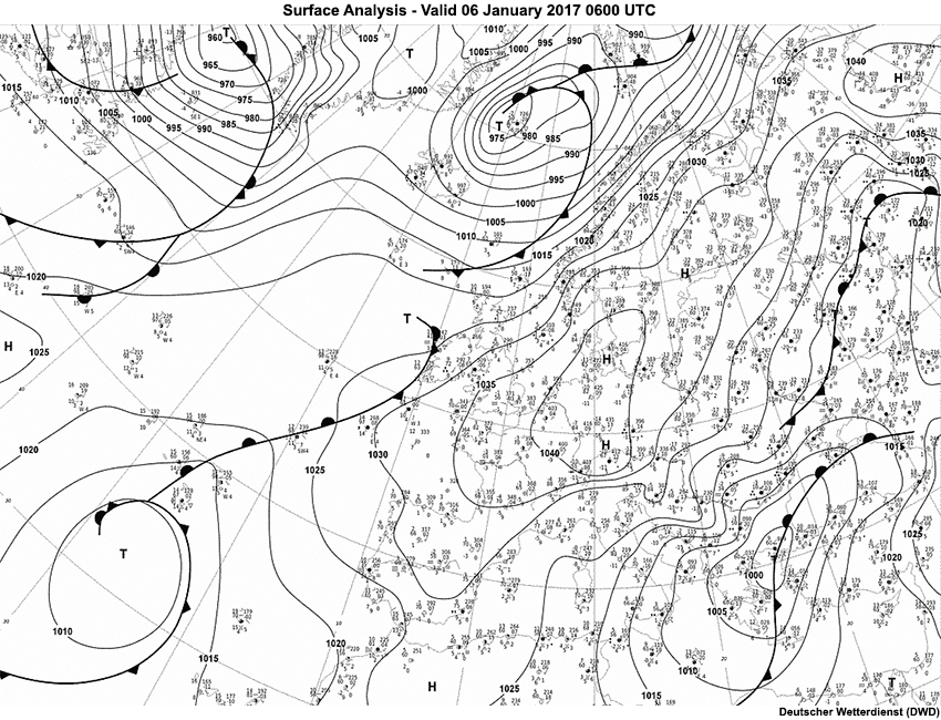 Deutscher Wetterdienst (DWD) analysis valid at 06 UTC on January 6, 2017.