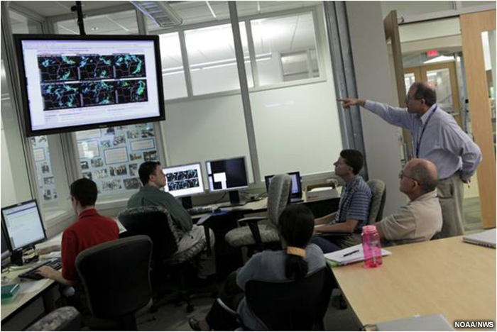 Meteorologists discussing multiple ensemble-generated radar echoes.