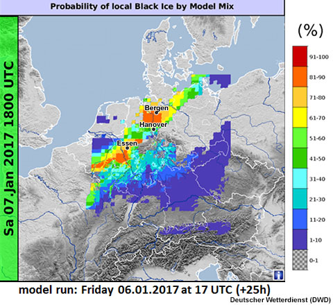 The Model Mix probability of local black ice, initialized 17Z on 6 January, valid 18Z on 7 January.
