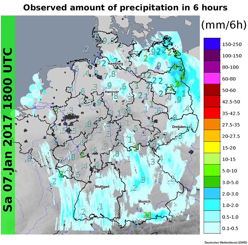 Observed precipitation (mm) between 12Z and 18Z on 7 January.