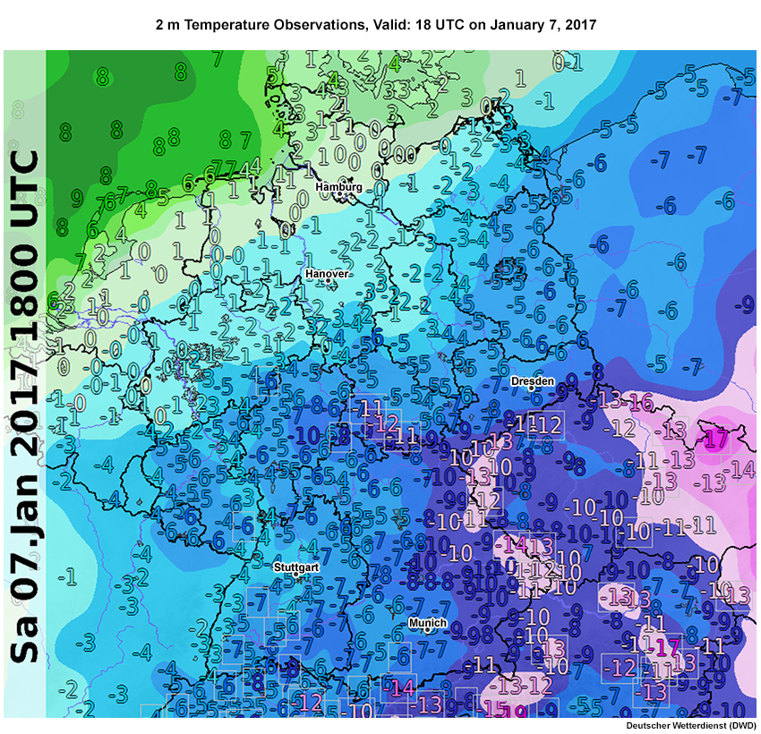 Observed 2 m temperature across Germany valid at 18Z on 7 January.