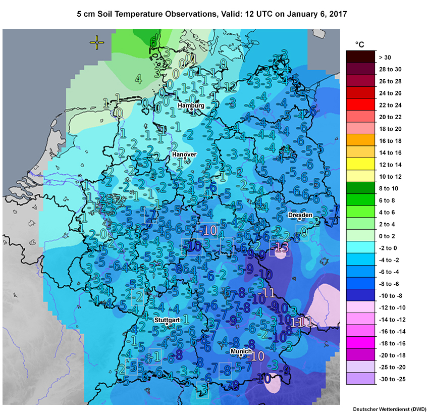 Observed 5 cm soil temperatures across Germany valid at 12Z on January 6.