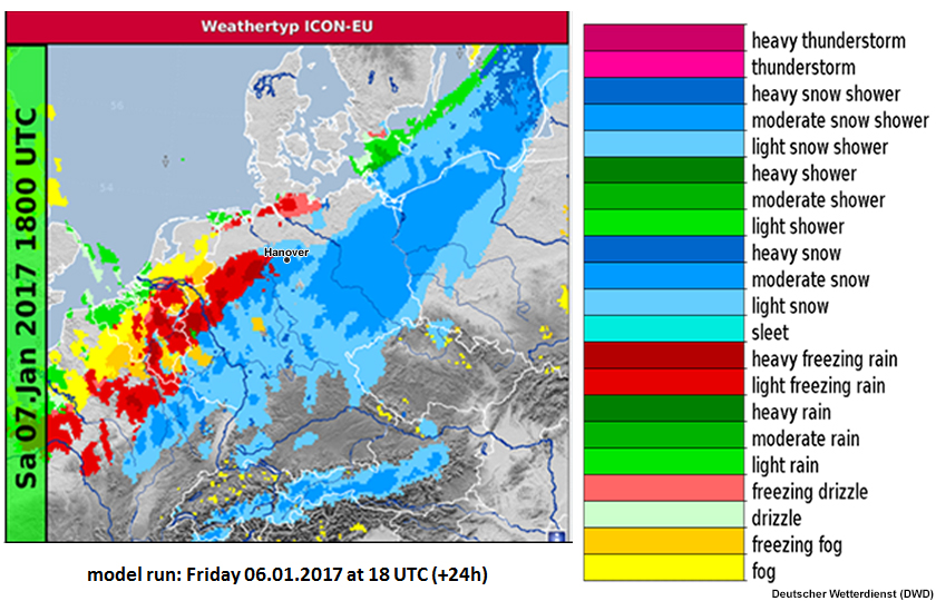 ICON-EU global model 24-hour deterministic forecast of precipitation type initialized 18Z on 6 January.