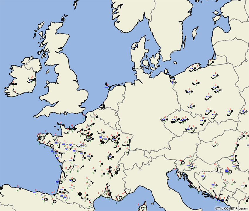 A loop of surface observations over Europe from 00-12 UTC on January 4, 2017.