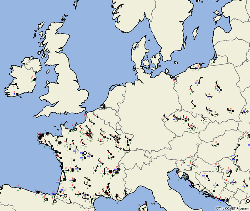 A loop of surface observations over Europe from 00-12 UTC on January 5, 2017.