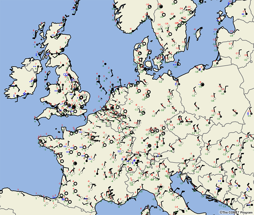 Surface observations over Europe loop from 00-12 UTC January 6, 2017.