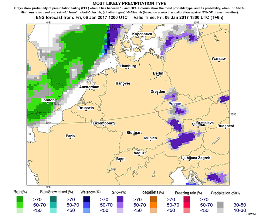 A loop of the ENS most likely precipitation type, initialized 12Z on 6 January with forecast hours every 6 hours through 12Z 9 January (hours 00 - 72).
