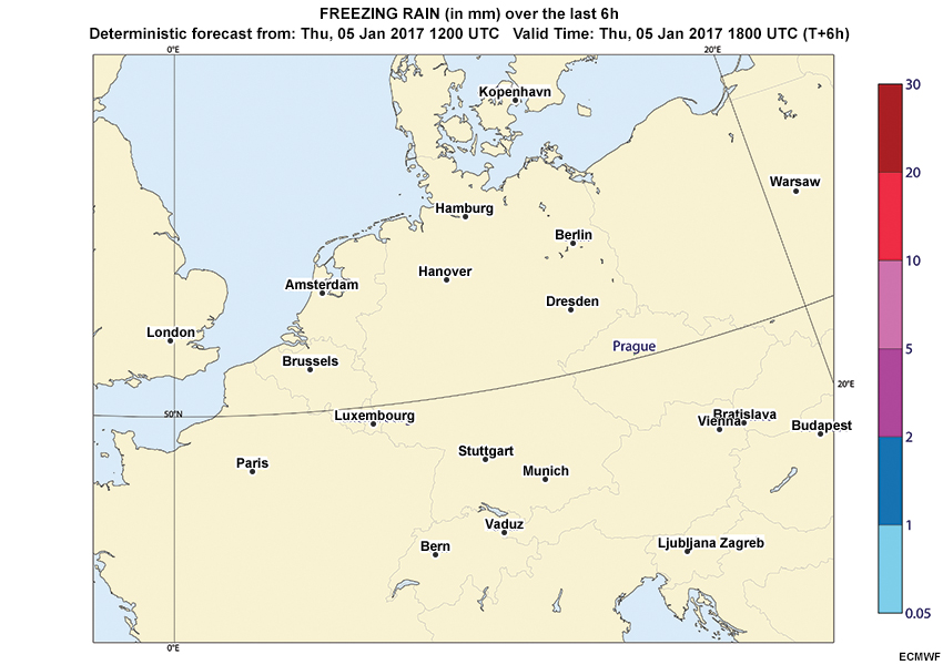 A loop of deterministic freezing rain QPFs, initialized 12Z on 5 January with forecast hours every 6 hours through 12Z 9 January (hours 00 - 96)