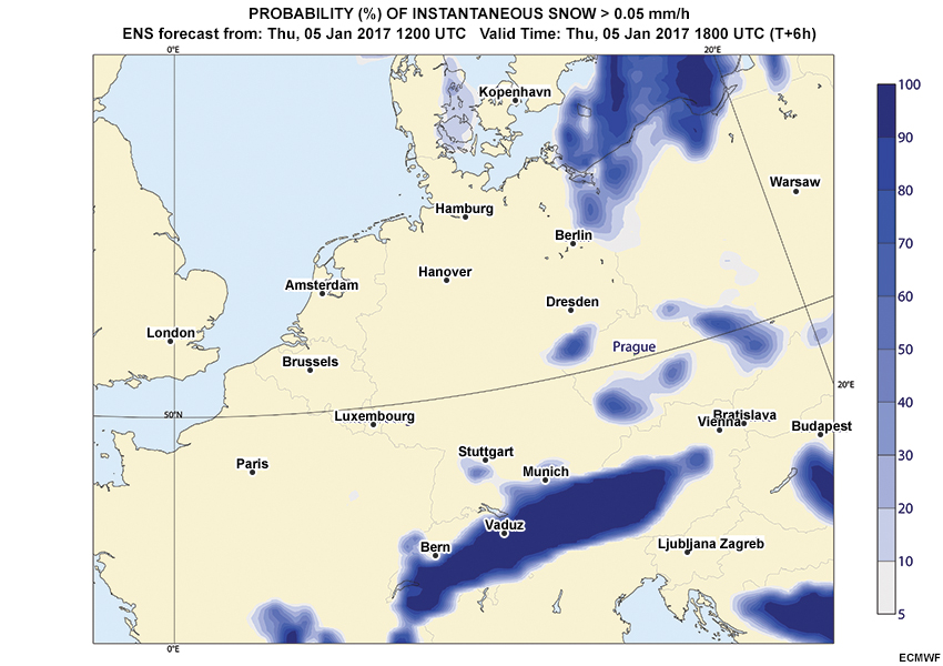 A loop of the probability of instantaneous snow exceeding 0.05 mm/h, initialized 12Z on 5 January with forecast hours every 6 hours through 12Z 9 January (hours 00 - 96).