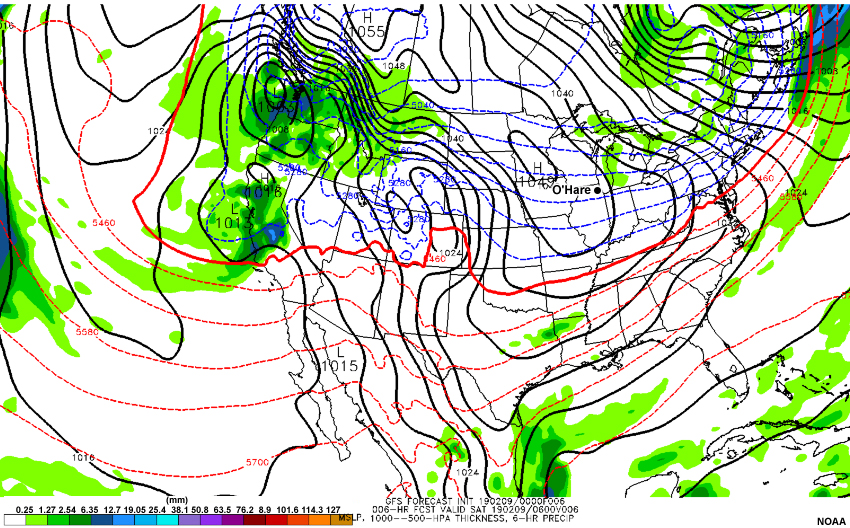 A loop of the GFS model forecast of mean sea level pressure (hPa), 1000-500 hPa thickness (meters), and 6-hour precipitation (millimeters), initialized 00 UTC February 09 2019 with forecast hours every 6 hours through 00 UTC February 14 2019.