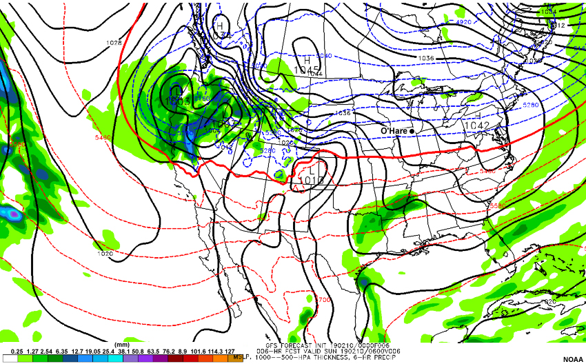 A loop of the GFS model forecast of mean sea level pressure (hPa), 1000-500 hPa thickness (meters), and 6-hour precipitation (millimeters), initialized 00 UTC February 10 2019 with forecast hours every 6 hours through 00 UTC February 14 2019.
