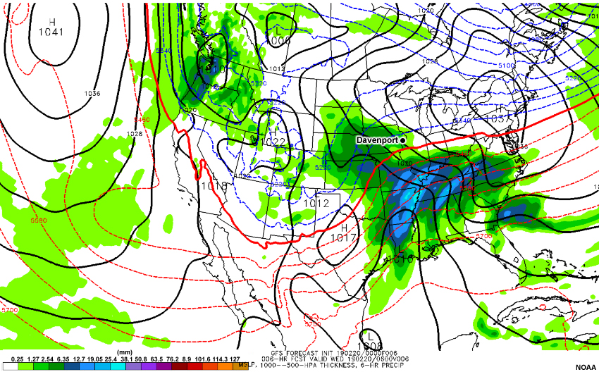 A loop of the GFS model forecast of mean sea level pressure (hPa), 1000-500 hPa thickness (meters), and 6-hour precipitation (millimeters), initialized 00 UTC February 20 2019 with forecast hours every 6 hours through 00 UTC February 25 2019.