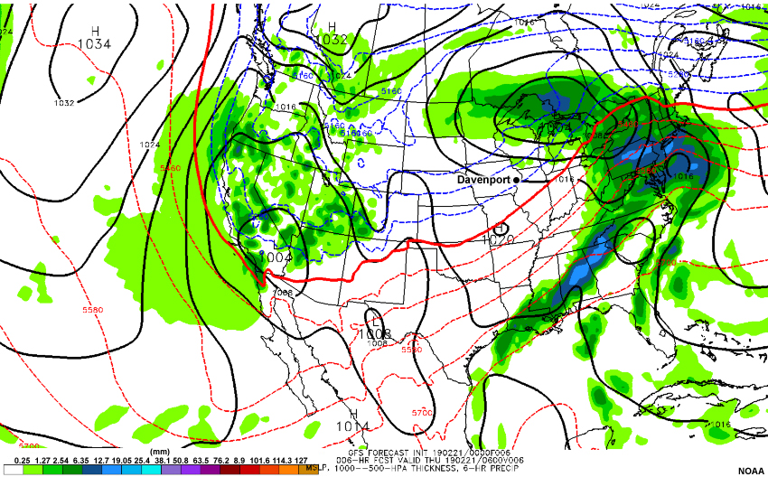 A loop of the GFS model forecast of mean sea level pressure (hPa), 1000-500 hPa thickness (meters), and 6-hour precipitation (millimeters), initialized 00 UTC February 21 2019 with forecast hours every 6 hours through 00 UTC February 25 2019.