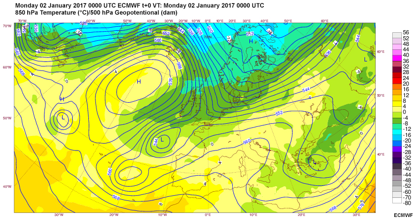 A loop of 850 hPa temperature and 500 hPa geopotential heights valid at 0000 UTC from January 2 through January 4, 2017.
