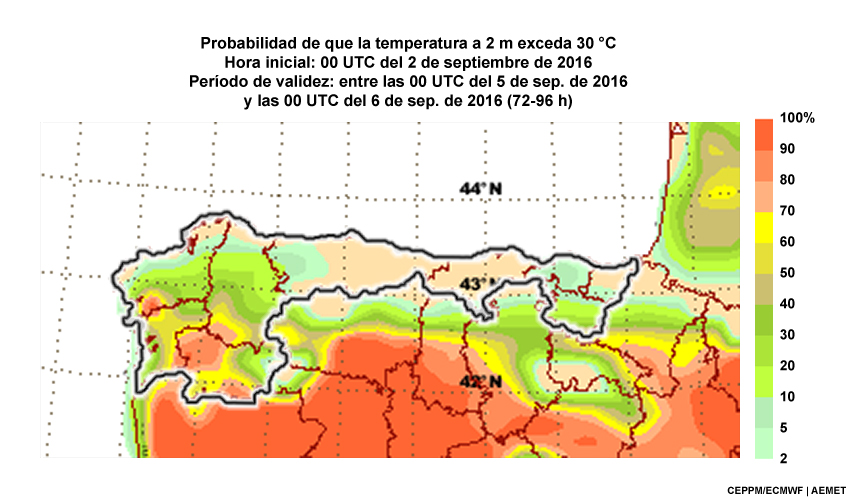 Serie de mapas de probabilidad de exceder 30 °C en 24 horas en el norte de España. Inicializado a las 00 UTC del 6 de septiembre de 2016.