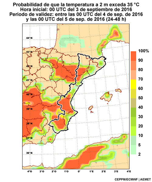 Serie de mapas de probabilidad de exceder 35 °C en 24 horas en el este de España. Inicializado a las 00 UTC del 3 de septiembre de 2016.