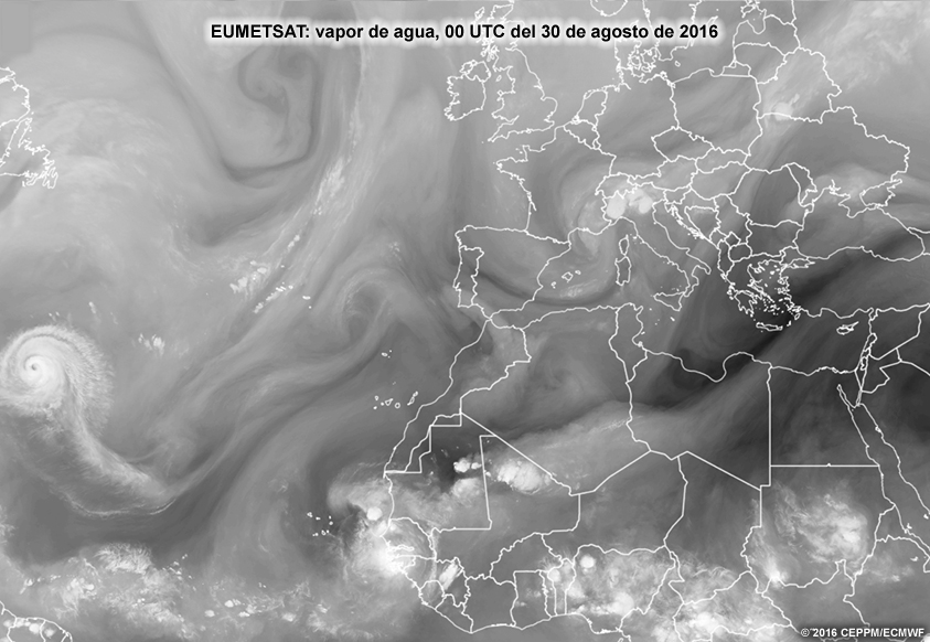 Secuencia de imágenes satelitales de vapor de agua sobre el océano Atlántico oriental, Europa y África captadas a intervalos de seis horas entre las 00 UTC del 30 de agosto de 2016 y las 06 UTC del 31 de agosto de 2016.