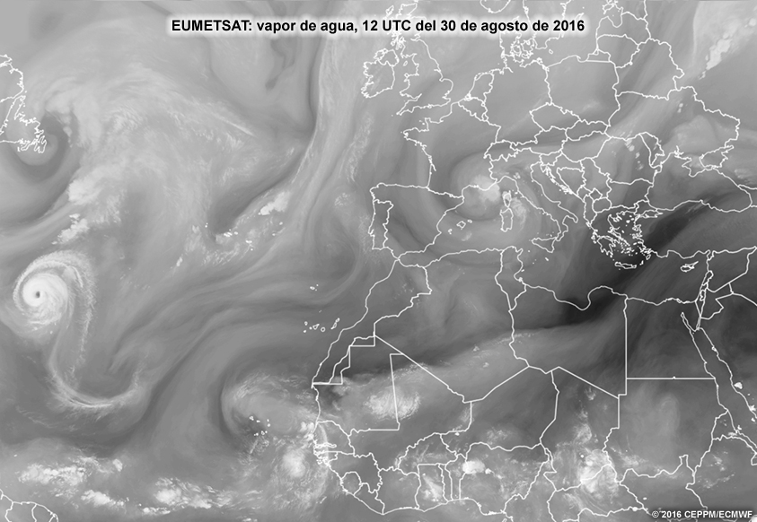 Imágenes satelitales de vapor de agua (cada 6 h) del océano Atlántico oriental, Europa y África.