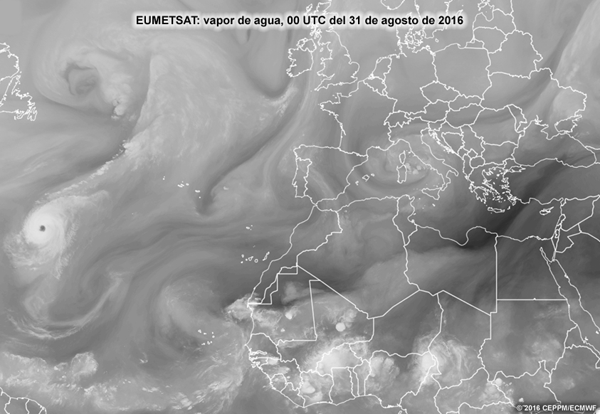 Imágenes satelitales de vapor de agua (cada 6 h) del océano Atlántico oriental, Europa y África.