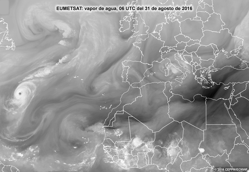 Imágenes satelitales de vapor de agua (cada 6 h) del océano Atlántico oriental, Europa y África.