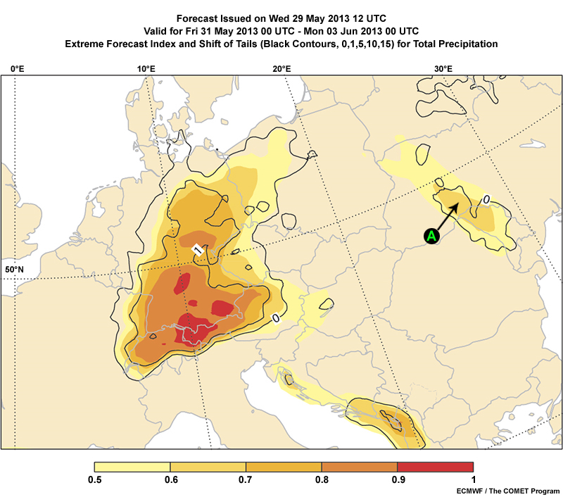 ECMWF Extreme Forecast Index and Shift of Tails forecast for total precipitation issued on Wed 29 May 2013 12UTC valid for Fri 31 May 2013 00UTC to Mon 03 Jun 2013 00UTC; one part of the graphic is labeled for an interaction

