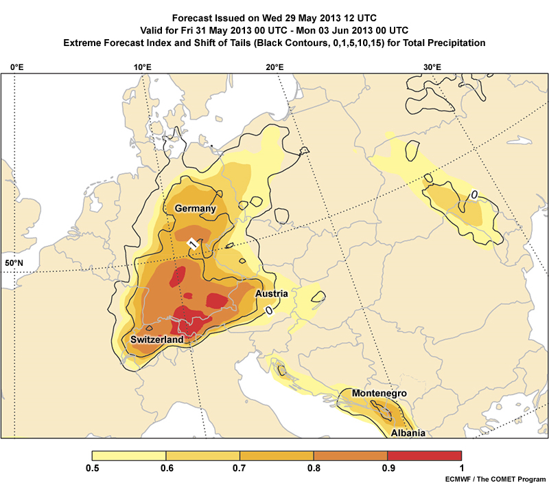 ECMWF Extreme Forecast Index and Shift of Tails forecast for total precipitation issued on Wed 29 May 2013 12UTC valid for Fri 31 May 2013 00UTC to Mon 03 Jun 2013 00UTC; some countries are labeled for an interaction
