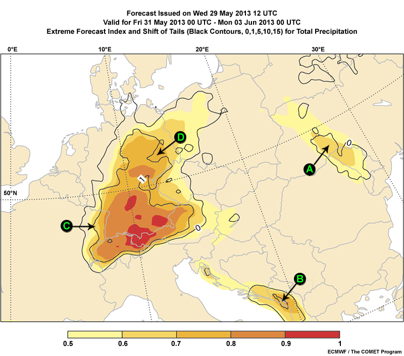 ECMWF Extreme Forecast Index and Shift of Tails forecast for total precipitation issued on Wed 29 May 2013 12UTC valid for Fri 31 May 2013 00UTC to Mon 03 Jun 2013 00UTC; some areas are labeled for an interaction
