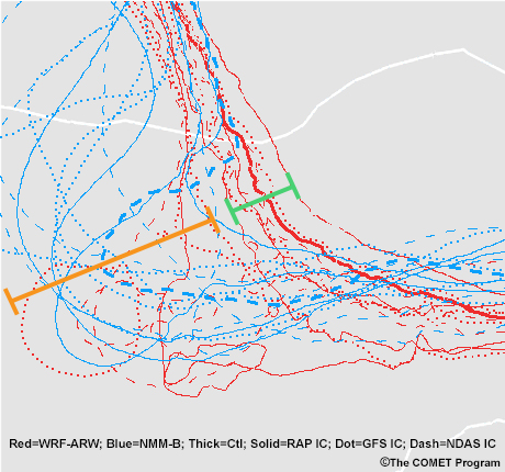 SREF Spaghetti Plot for 5460dm at forecast hour 84 with an amplitude difference highlighted