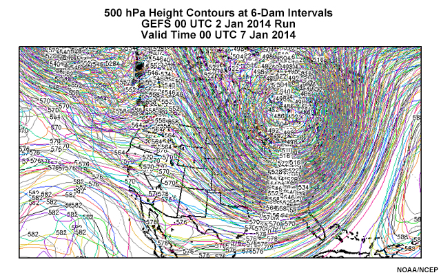 Plot of 21 Global Ensemble Forecast System 500-hPa Height contours at 60-meter intervals.  