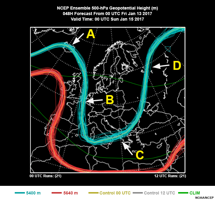 NCEP Ensemble 500mb Z 048H forecast from 00Z Fri Jan 13 2017, valid time 00Z Sun Jan 15 2017