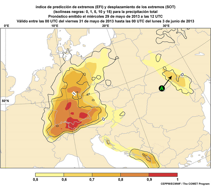 Pronóstico de índice de predicción de extremos y de desplazamiento de los extremos para la precipitación total emitido por CEPPM/ECMWF a las 12 UTC del miércoles 29 de mayo de 2013 válido entre las 00 UTC del viernes 31 de mayo de 2013 hasta las 00 UTC del lunes 03 de junio de 2013; el mapa está rotulado para una interacción.