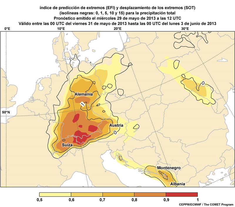 Pronóstico de índice de predicción de extremos y de desplazamiento de los extremos para la precipitación total emitido por CEPPM/ECMWF a las 12 UTC del miércoles 29 de mayo de 2013 válido entre las 00 UTC del viernes 31 de mayo de 2013 hasta las 00 UTC del lunes 03 de junio de 2013; algunos países están rotulados para una interacción.
