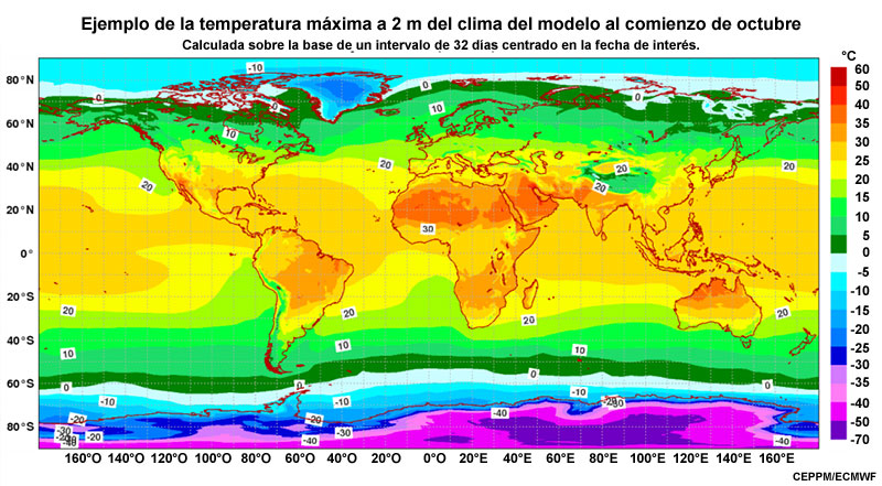 Mediana de la temperatura máxima a 2 m del clima del modelo a comienzos de octubre