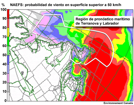 Probabilidad de viento en superficie superior a 50 km/h del sistema de predicción por conjuntos para América del Norte (North American Ensemble Forecast System, NAEFS) para el período de 24 h que termina a las 00 UTC del 13 de enero de 2014, centrado en las provincias canadienses del Atlántico y Labrador.