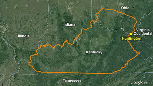Mapa de Google Earth de la región de Estados Unidos donde tiene lugar el caso de estudio, con la ciudad de Huntington, (Virginia Occidental) resaltada