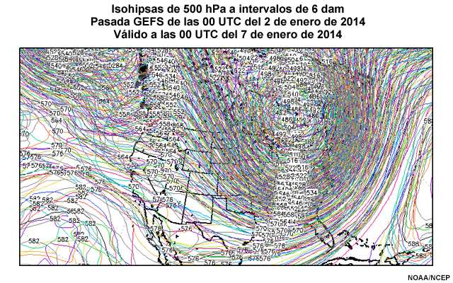 Trazado de las isohipsas a 500 hPa a intervalos de 60 m de 21 miembros del sistema global de predicción por conjuntos GEFS (Global Ensemble Forecast System).