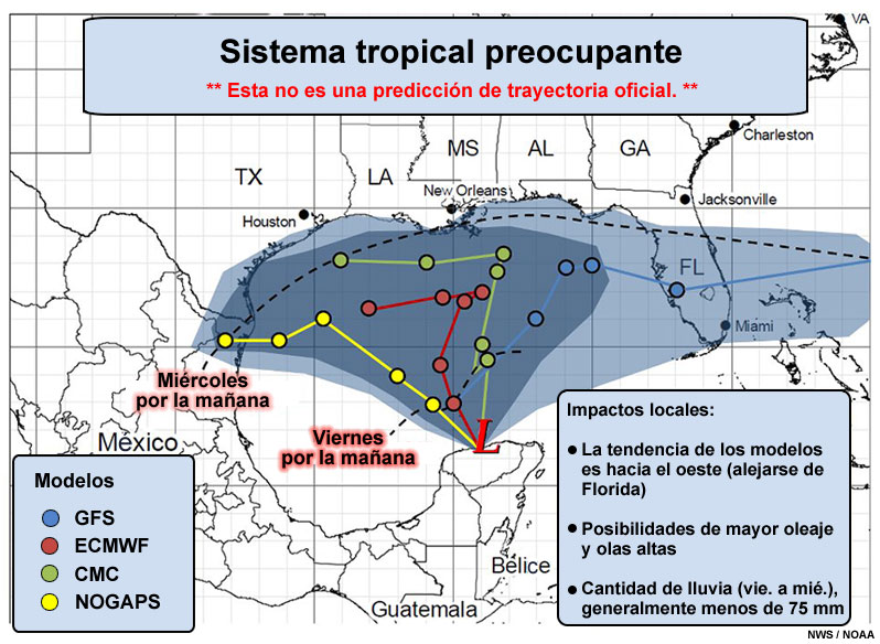 Producto de pronóstico gráfico <em>graphicast</em> emitido por la oficina del NWS de Tallahassee (Florida) durante la etapa formativa de la tormenta tropical Debby que muestra claramente la gran dispersión de las soluciones del modelo.