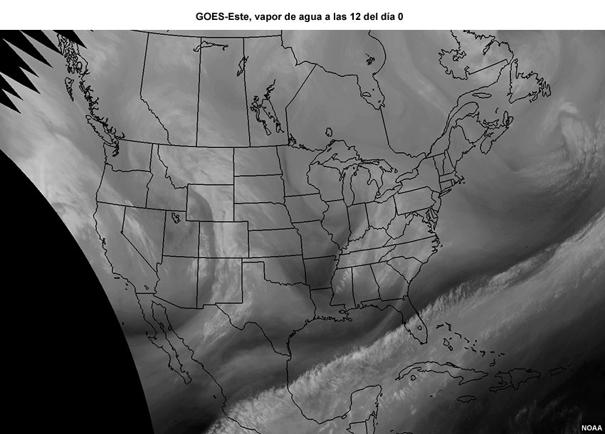 Animación de imágenes satelitales de vapor de agua centradas en los EE.UU. a intervalos de 12 horas hasta las 00 UTC del día 1.