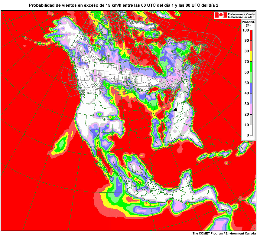 NAEFS: probabilidad de vientos superiores a 15 km/h en un lugar específico durante cada día del período comprendido entre el día 1 y el día 4