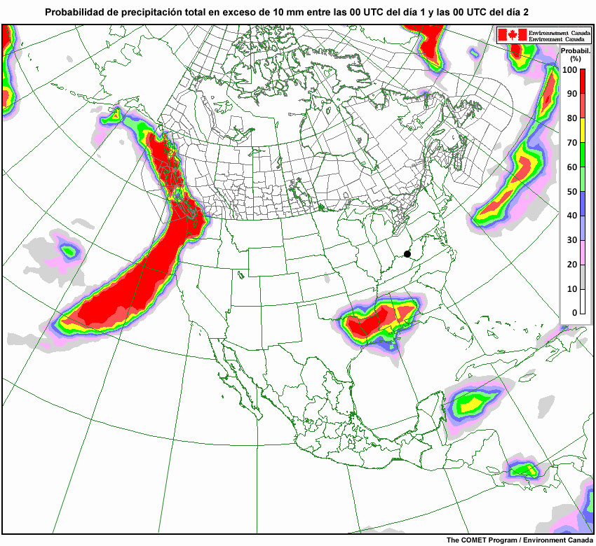 NAEFS: probabilidad de que un lugar reciba más de 10 mm de precipitaciones durante cada día del período entre el día 1 y el día 4