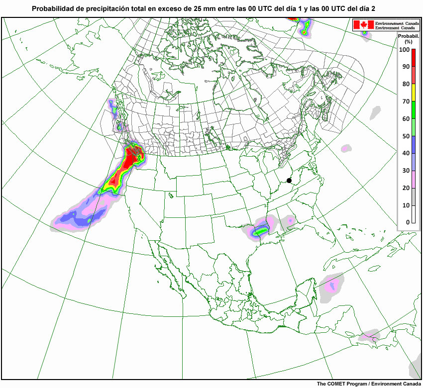 NAEFS: probabilidad de que un lugar reciba más de 25 mm de precipitaciones durante cada día del período entre el día 1 y el día 4
