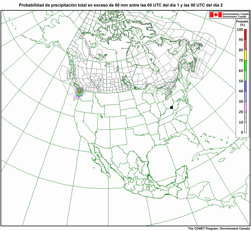NAEFS: probabilidad de que un lugar reciba más de 50 mm de precipitaciones durante cada día del período entre el día 1 y el día 4