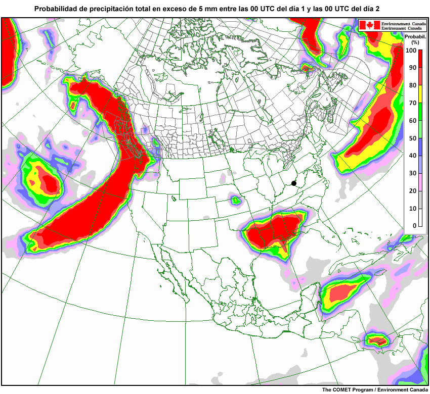 NAEFS: probabilidad de que un lugar reciba más de 5 mm de precipitaciones durante cada día del período entre el día 1 y el día 4